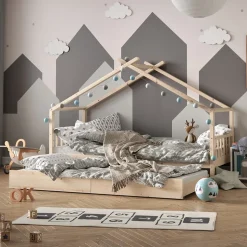 Hausbett Design Naturholz 90x200 cm mit Gästebett und 2 Matratzen Vitalispa