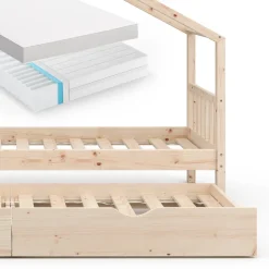 Hausbett Design Naturholz 90x200 cm mit Gästebett und 2 Matratzen Vitalispa