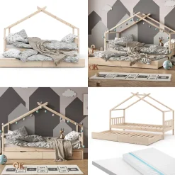 Hausbett Design Naturholz 90x200 cm mit Gästebett und 2 Matratzen Vitalispa