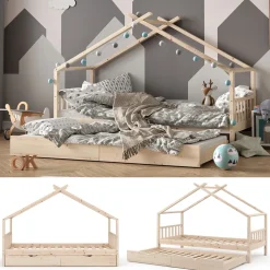 Hausbett Design Naturholz 90x200 cm mit Gästebett Vitalispa