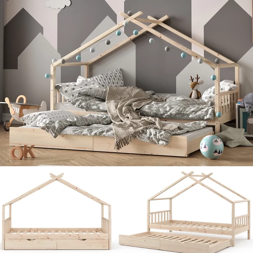 Hausbett Design Naturholz 90x200 cm mit Gästebett Vitalispa