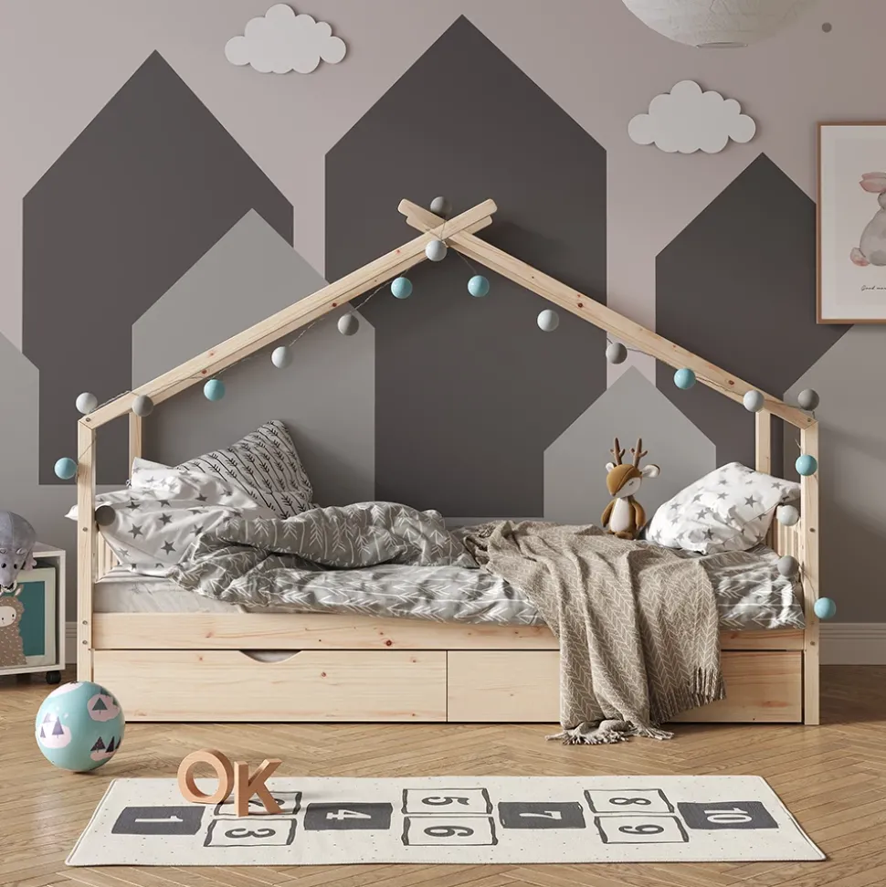 Hausbett Design Naturholz 90x200 cm mit Gästebett Vitalispa