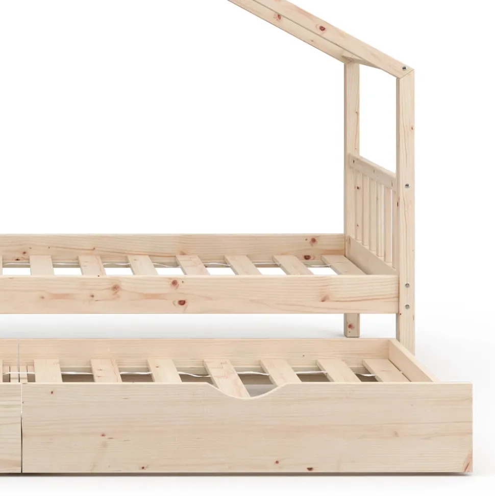 Hausbett Design Naturholz 90x200 cm mit Gästebett Vitalispa