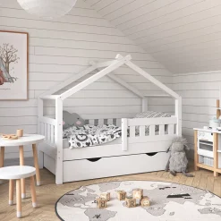 Hausbett Design Weiß 70x140 cm mit Schublade Vitalispa