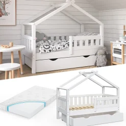 Hausbett Design Weiß 70x140 cm mit Schublade und Matratze Vitalispa