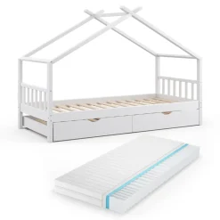 Hausbett Design Weiß 90x200 cm mit Gästebett und Matratze Vitalispa