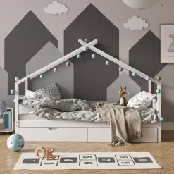 Hausbett Design Weiß 90x200 cm mit Gästebett und Matratze Vitalispa