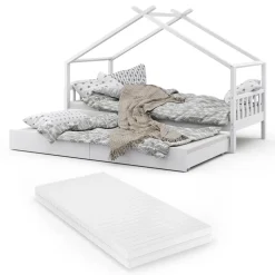 Hausbett Design Weiß 90x200 cm mit Gästebett und Matratze Vitalispa