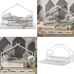 Hausbett Design Weiß 90x200 cm mit Gästebett und Matratze Vitalispa