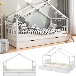 Hausbett Design Weiß 90x200 cm mit 2 Schubladen Vitalispa