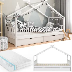 Hausbett Design Weiß 90x200 cm mit 2 Schubladen und Matratze Vitalispa