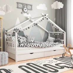 Hausbett Design Weiß 90x200 cm mit 2 Schubladen und Matratze Vitalispa