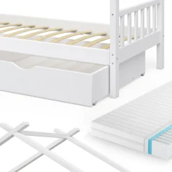 Hausbett Design Weiß 90x200 cm mit 2 Schubladen und Matratze Vitalispa