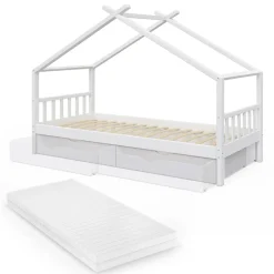 Hausbett Design Weiß 90x200 cm mit 2 Schubladen und Matratze Vitalispa