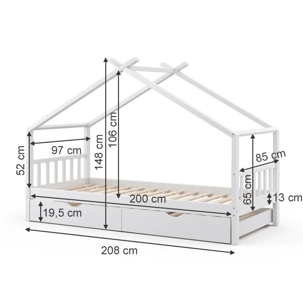 Hausbett Design Weiß 90x200 cm mit Gästebett und 2 Matratzen Vitalispa