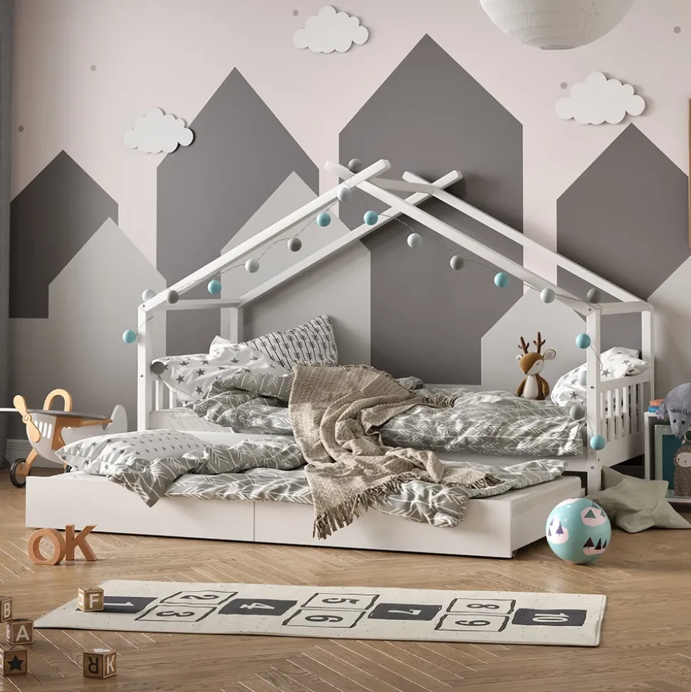 Hausbett Design Weiß 90x200 cm mit Gästebett und 2 Matratzen Vitalispa