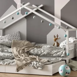 Hausbett Design Weiß 90x200 cm mit Gästebett und 2 Matratzen Vitalispa