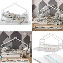 Hausbett Design Weiß 90x200 cm mit Gästebett und 2 Matratzen Vitalispa