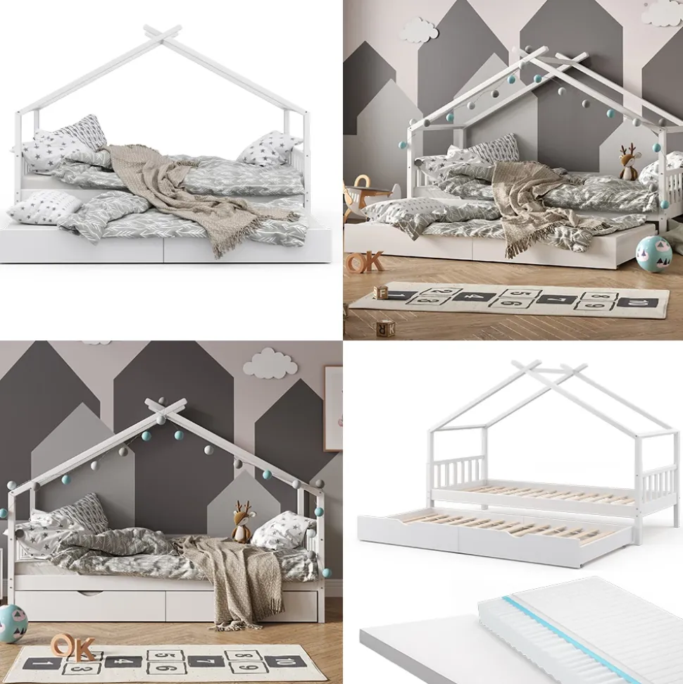 Hausbett Design Weiß 90x200 cm mit Gästebett und 2 Matratzen Vitalispa