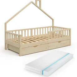 Hausbett Noemi Naturholz 90x200 cm mit 2 Schubladen und Matratze Vitalispa