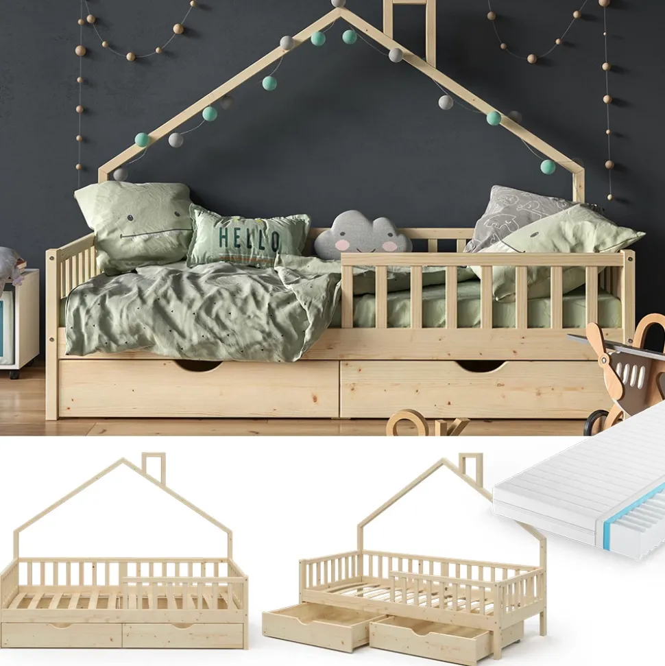 Hausbett Noemi Naturholz 90x200 cm mit 2 Schubladen und Matratze Vitalispa