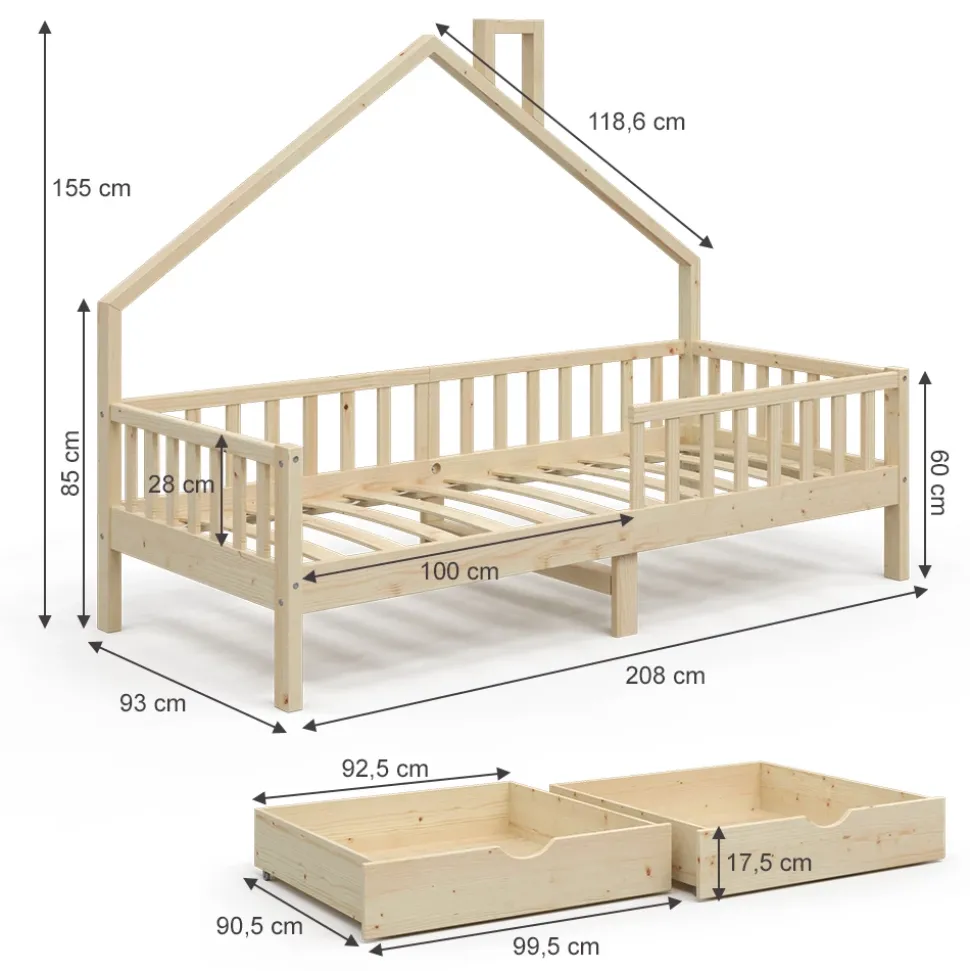 Hausbett Noemi Naturholz 90x200 cm mit 2 Schubladen und Matratze Vitalispa