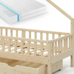 Hausbett Noemi Naturholz 90x200 cm mit 2 Schubladen und Matratze Vitalispa