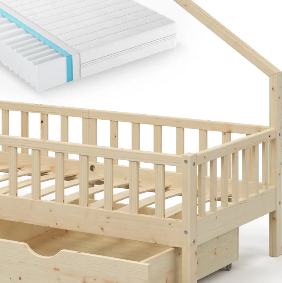 Hausbett Noemi Naturholz 90x200 cm mit 2 Schubladen und Matratze Vitalispa