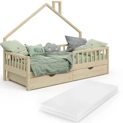 Hausbett Noemi Naturholz 90x200 cm mit 2 Schubladen und Matratze Vitalispa