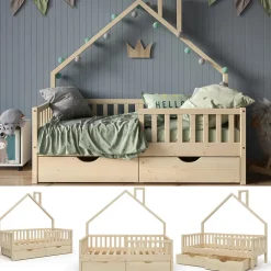 Hausbett Noemi Naturholz 80x160 cm mit 2 Schubladen Vitalispa