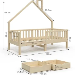Hausbett Noemi Naturholz 80x160 cm mit 2 Schubladen Vitalispa