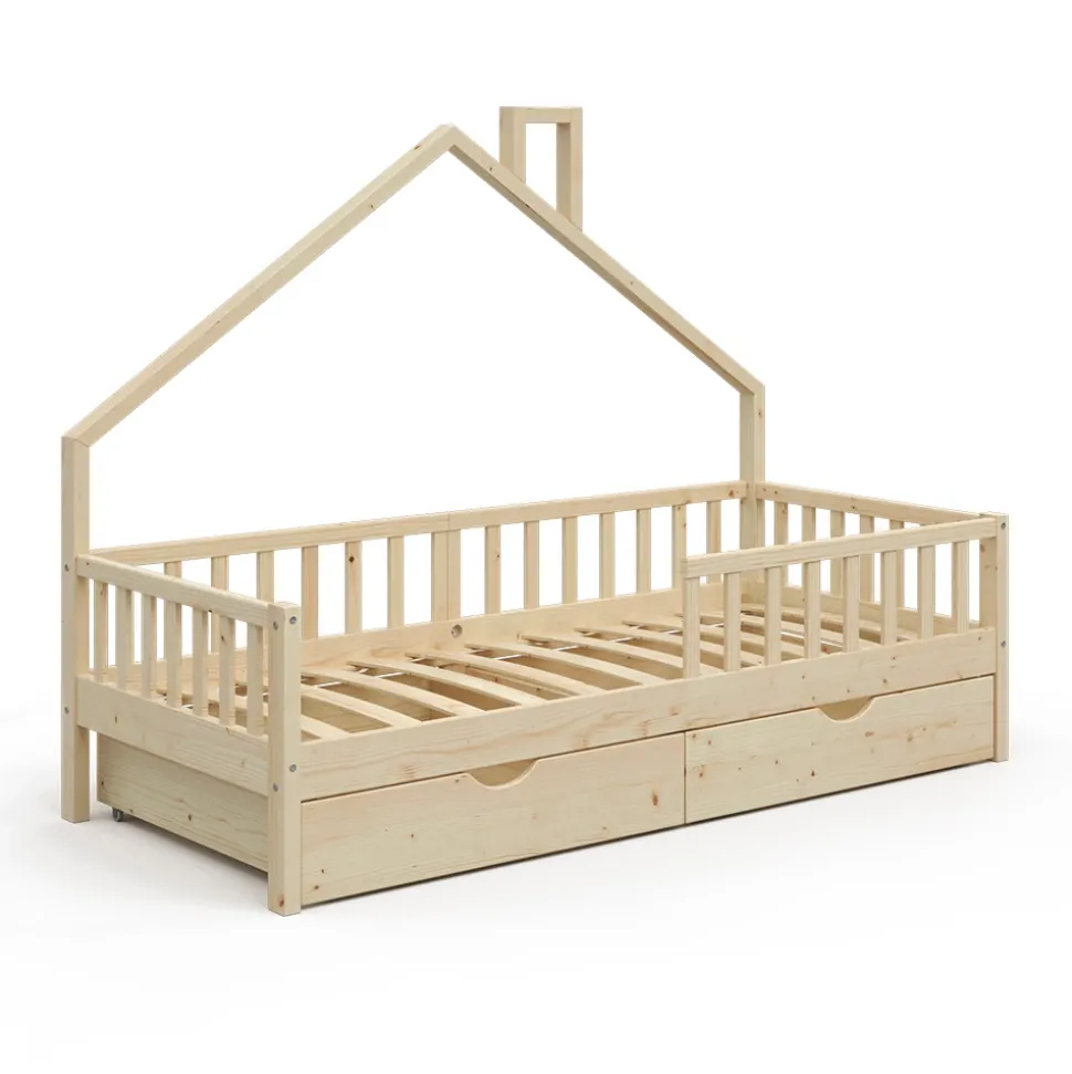 Hausbett Noemi Naturholz 90x200 cm mit 2 Schubladen Vitalispa