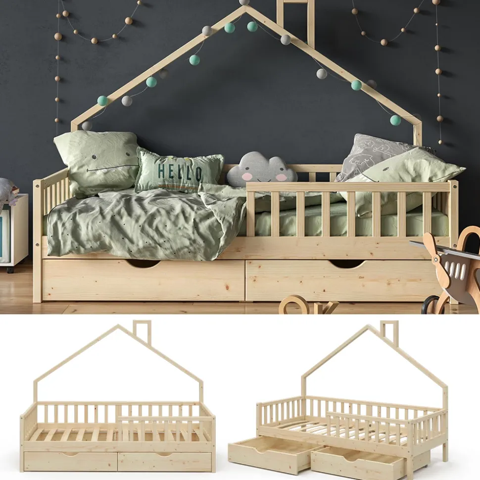 Hausbett Noemi Naturholz 90x200 cm mit 2 Schubladen Vitalispa