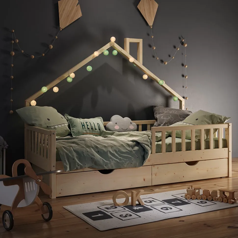 Hausbett Noemi Naturholz 90x200 cm mit 2 Schubladen Vitalispa