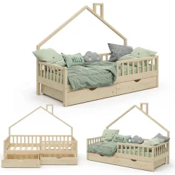 Hausbett Noemi Naturholz 90x200 cm mit 2 Schubladen Vitalispa