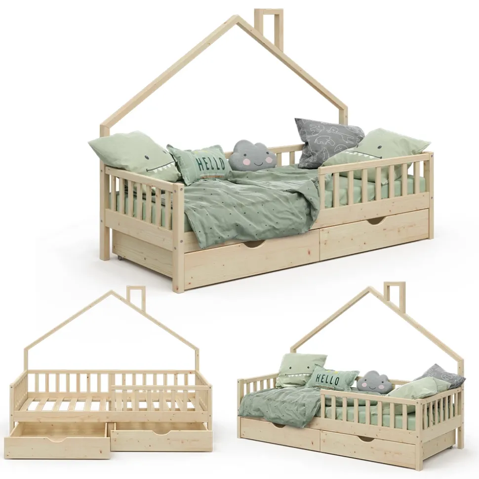 Hausbett Noemi Naturholz 90x200 cm mit 2 Schubladen Vitalispa