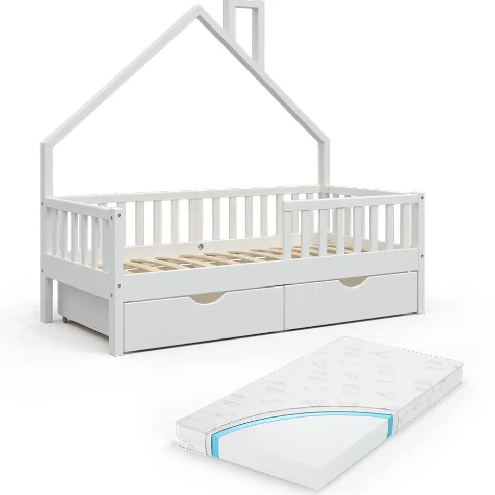 Hausbett Noemi Weiß 80x160 cm mit 2 Schubladen und Matratze Vitalispa