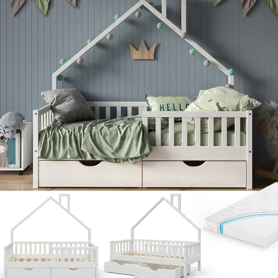 Hausbett Noemi Weiß 80x160 cm mit 2 Schubladen und Matratze Vitalispa