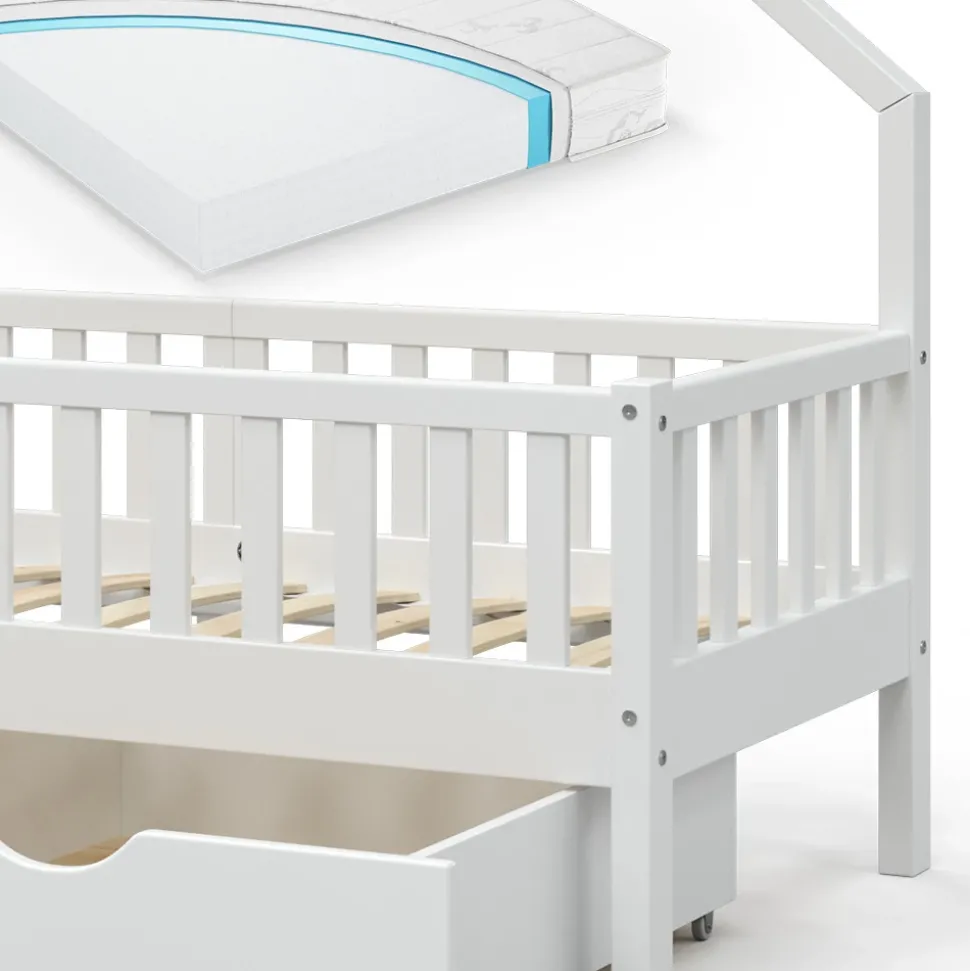 Hausbett Noemi Weiß 80x160 cm mit 2 Schubladen und Matratze Vitalispa