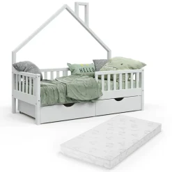 Hausbett Noemi Weiß 80x160 cm mit 2 Schubladen und Matratze Vitalispa