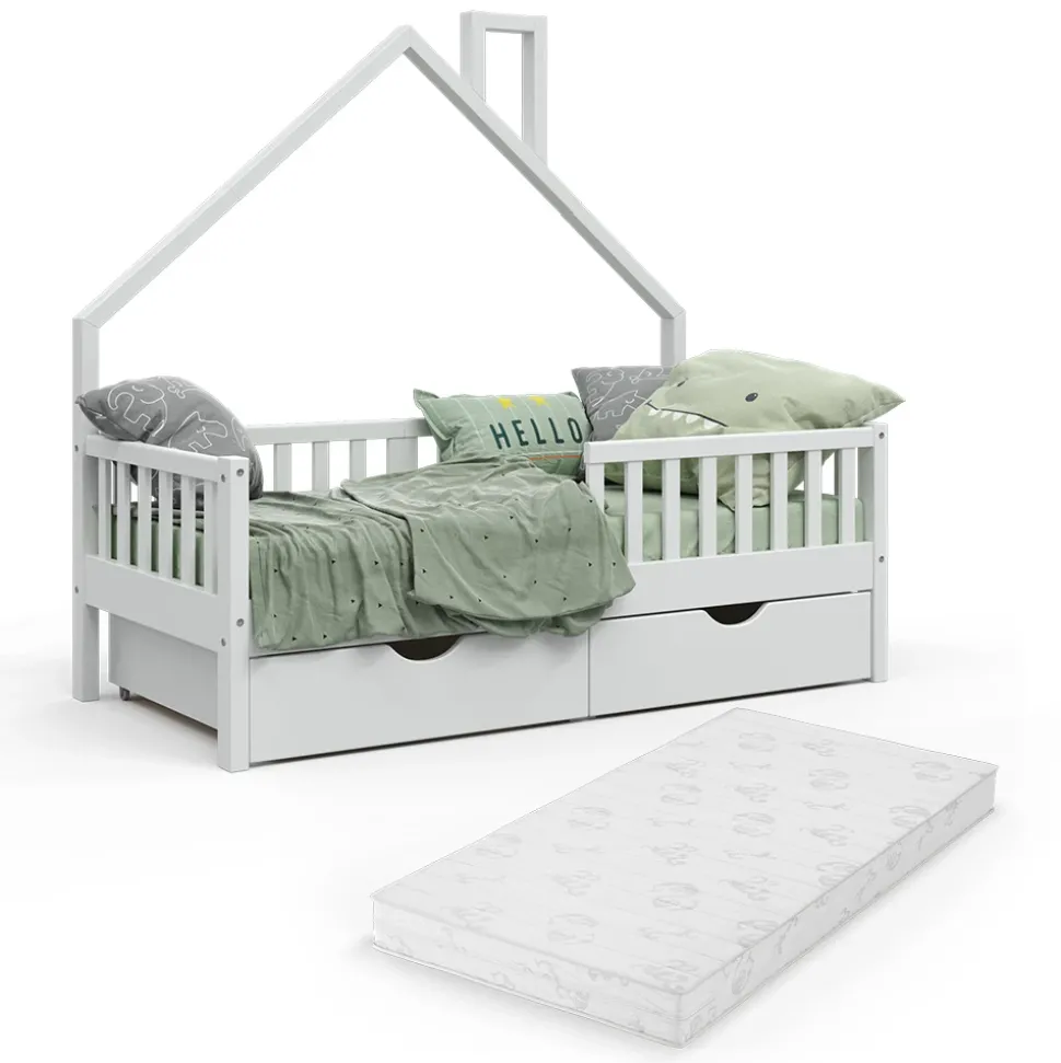 Hausbett Noemi Weiß 80x160 cm mit 2 Schubladen und Matratze Vitalispa