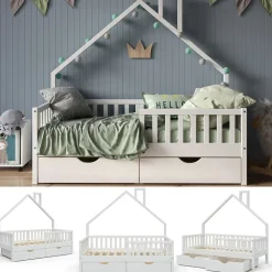 Hausbett Noemi Weiß 80x160 cm mit 2 Schubladen Vitalispa