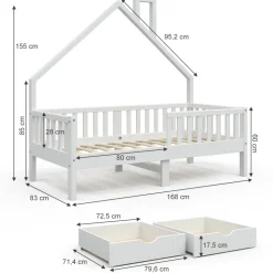 Hausbett Noemi Weiß 80x160 cm mit 2 Schubladen Vitalispa