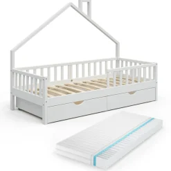 Hausbett Noemi Weiß 90x200 cm mit 2 Schubladen und Matratze Vitalispa