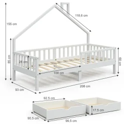 Hausbett Noemi Weiß 90x200 cm mit 2 Schubladen und Matratze Vitalispa