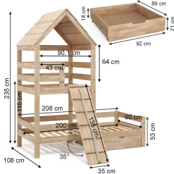 Hausbett Teddy Naturholz 90x200 cm mit 2 Matratzen und Schublade Vitalispa