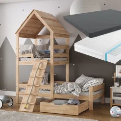 Hausbett Teddy Naturholz 90x200 cm mit 2 Matratzen und Schublade Vitalispa