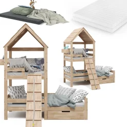 Hausbett Teddy Naturholz 90x200 cm mit 2 Matratzen und Schublade Vitalispa