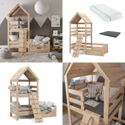 Hausbett Teddy Naturholz 90x200 cm mit 2 Matratzen und Schublade Vitalispa