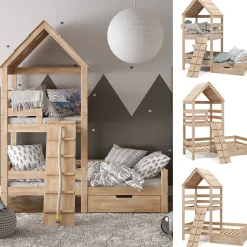 Hausbett Teddy Naturholz 90x200 cm mit Schublade Vitalispa